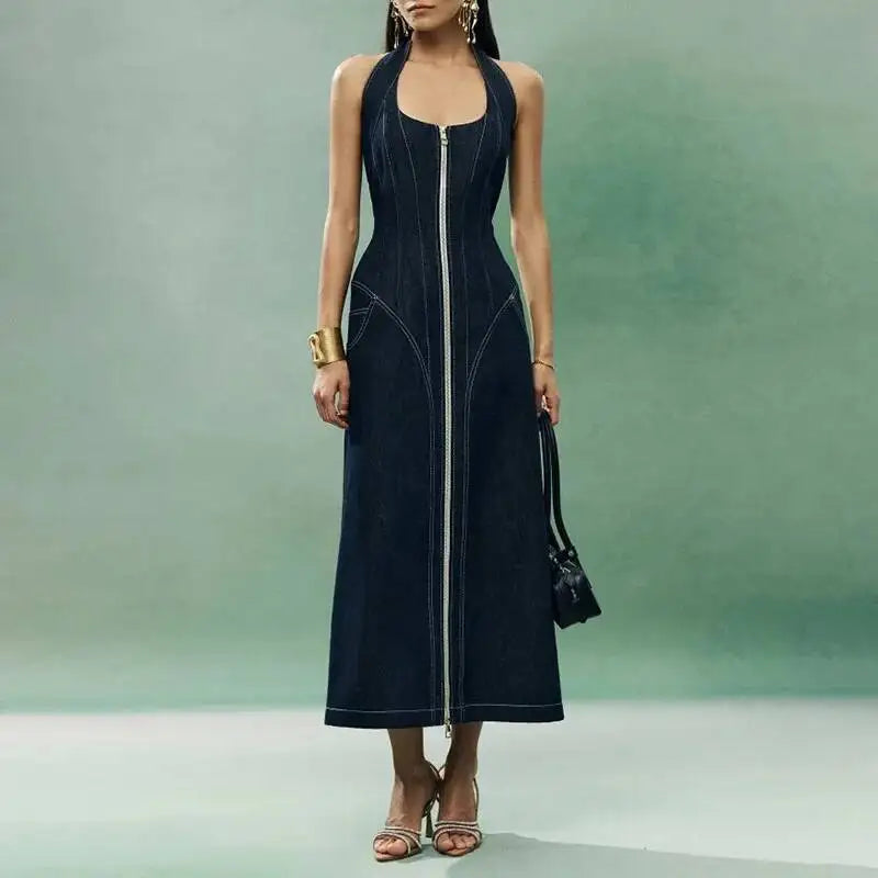 ANJY Summer New Women's Tide High Street Y2K Chic Trendy Sleeveless Halter Neck Backless Waist Cinching Zipper Denim Dress A8053