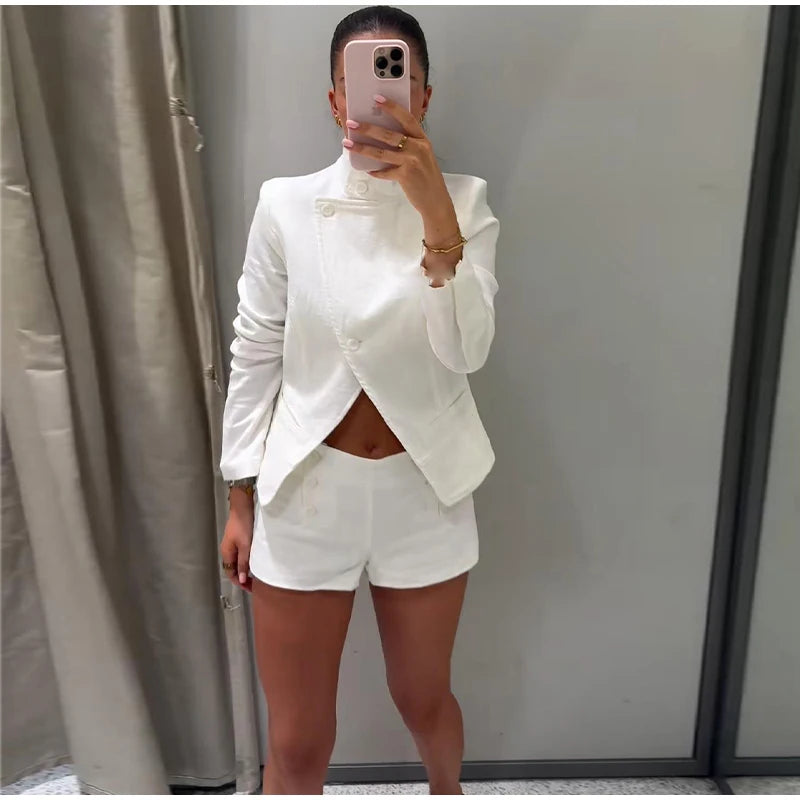 Casual Stand Collar Jacket and Shorts Set for Women