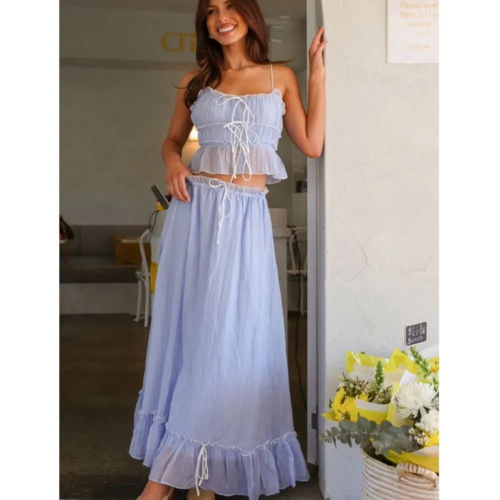 Pleated Bow Suspender Top and Skirt Two Piece Set for Women