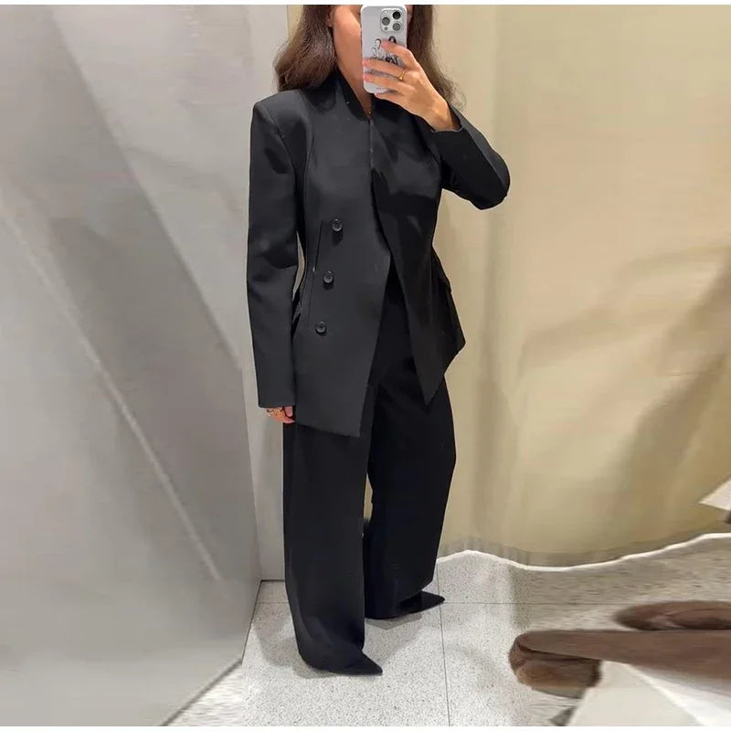 Women's Pant Set Office Elegant V-neck Full Sleeve Blazers High Waist Straight Pants Female Sets 2026 New Winter Woman Outfits