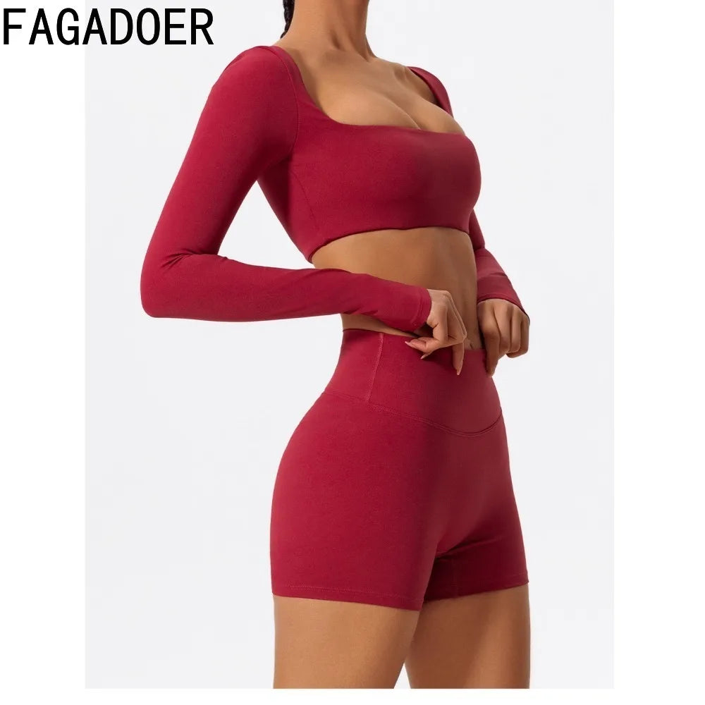 Sporty Solid U-Neck Crop Top and Shorts Two-Piece Set for Women