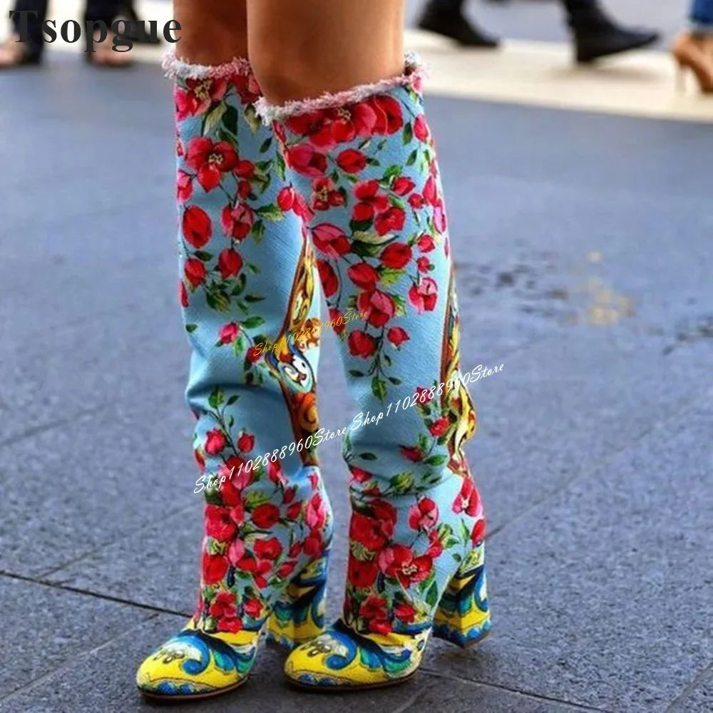 Knee High Trendy Mixed Color Floral Boots Chunky High Heel Shoes For Women Slip On Round Toe 2024 Fashion Zapatos Para Mujere