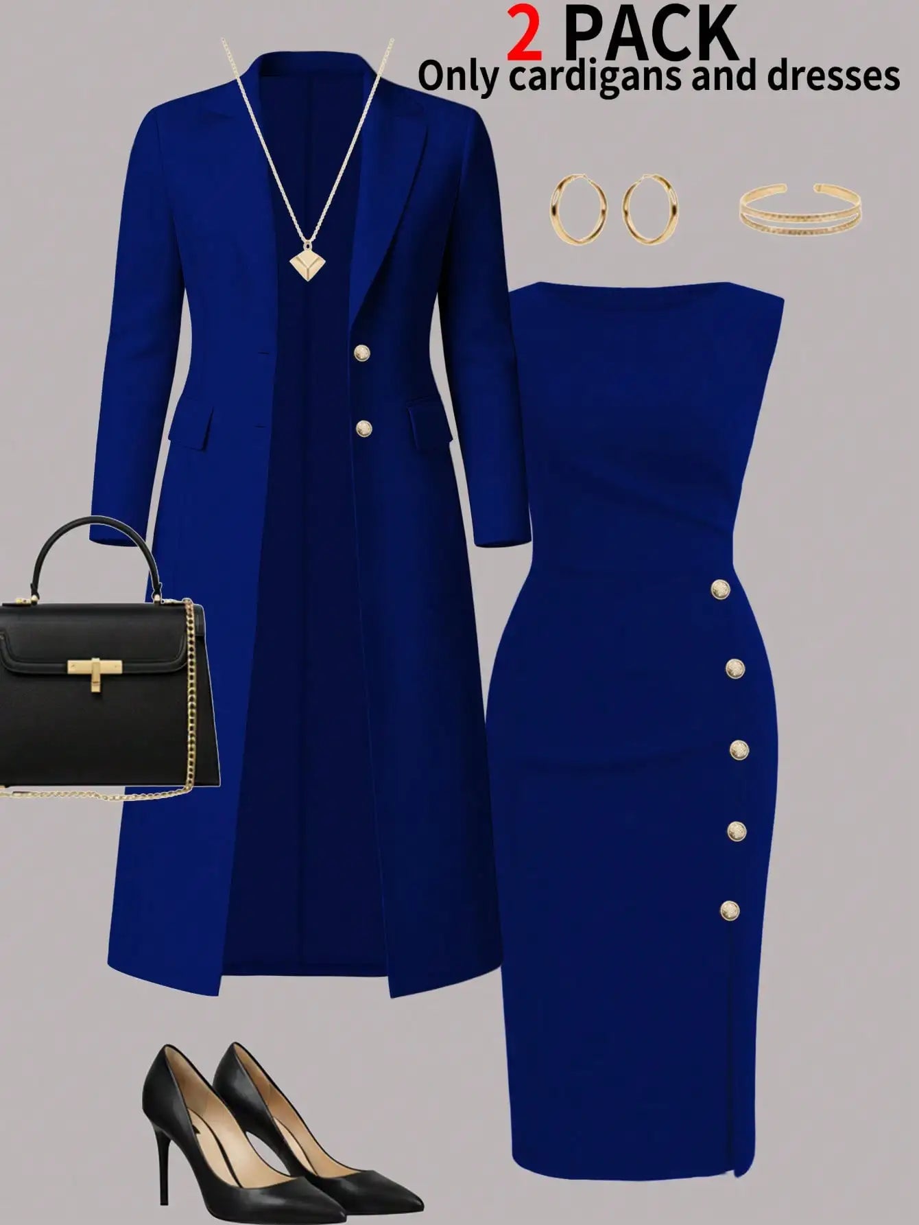 Women's New Autumn and Winter Elegant Set: Solid Color Long-Sleeved Open-Front Blouse, Long Coat + Versatile Fitting Mid-Length Sleeveless Buttoned Dress Two-Piece Set