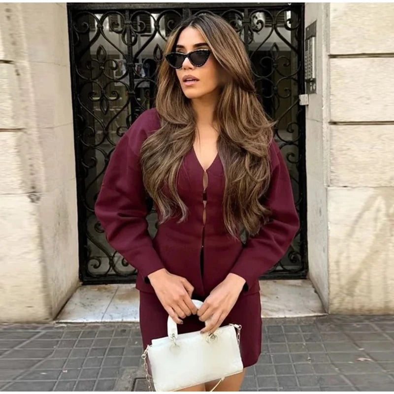 Elegant Knit Two Piece Set With Front Cutout and V Neck For Women