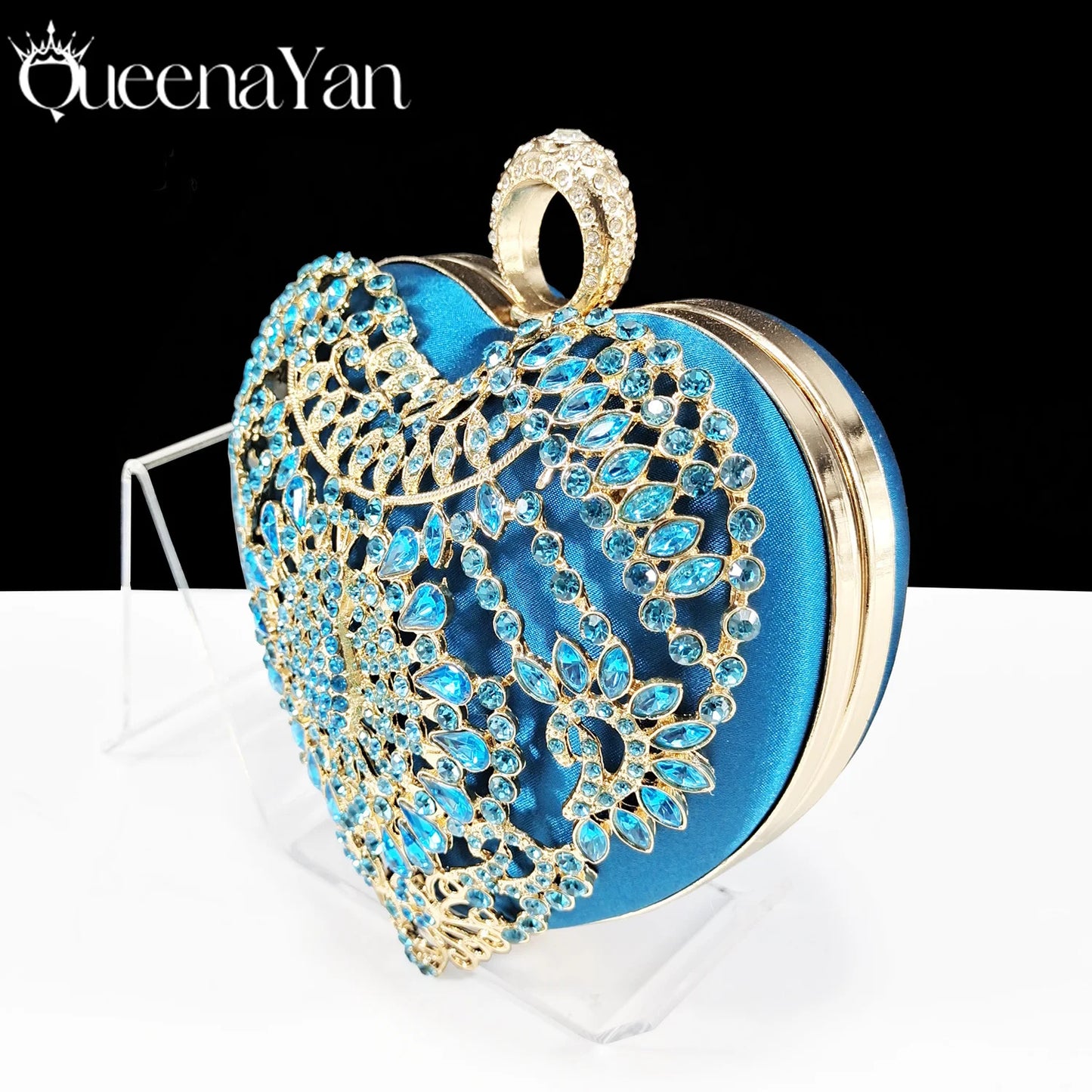 Italian Design Metal Rhinestone Decoration Ladies Evening Clutch Bag love Small Bag Chain Sky Blue Color Bag