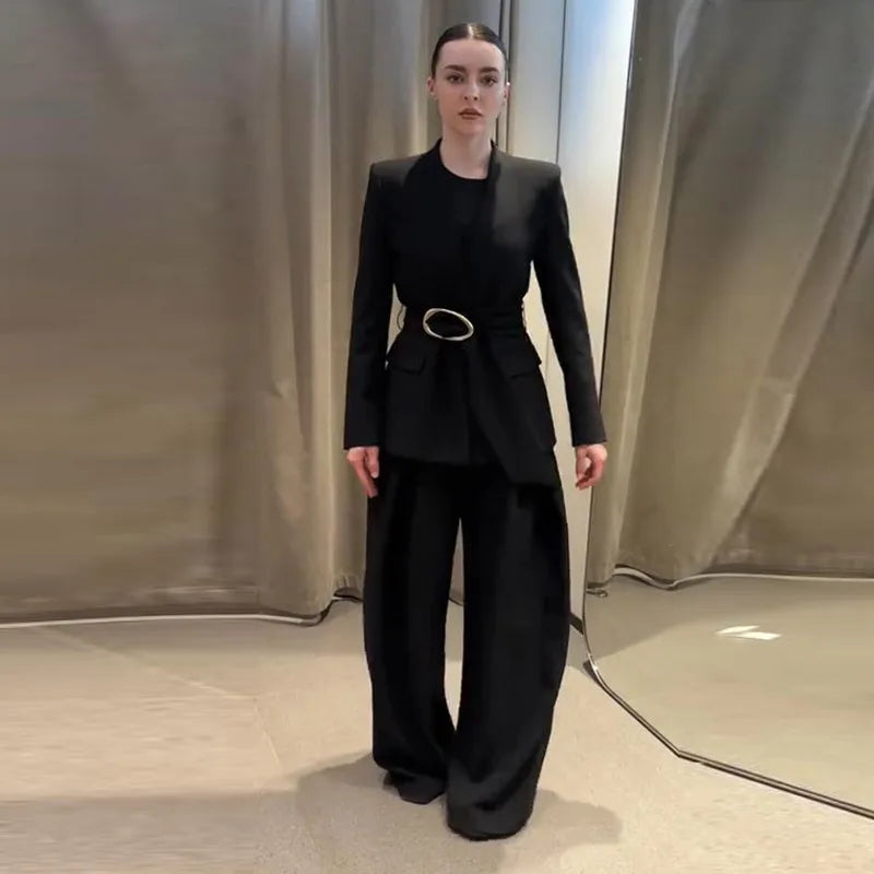 Elegant Solid Two Piece Blazer Pants Set for Women