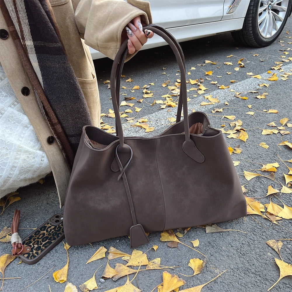 Luxurious Faux Suede Pure Color Retro Shoulder Tote Bag for Women