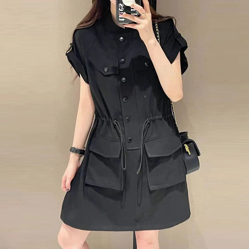 European Retro Stand Collar Drawstring Midi Dress for Women