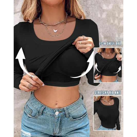 Autumn Spring Women U-Neck Built-in Bra Long Sleeve Ribbed Top Femme Skinny Casual Basic Easy Matching T-Shirts