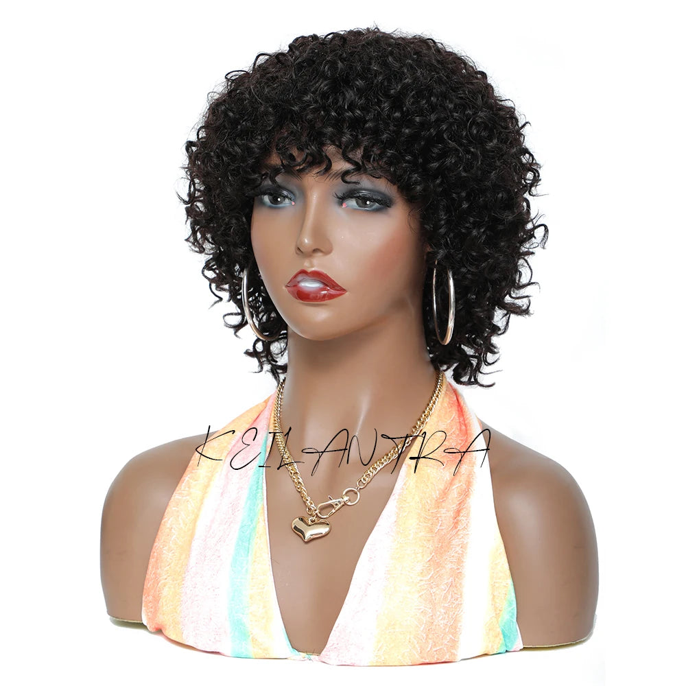 Short Curly Human Hair Wig With Bangs Afro Wig None Lace Front Human Hair Wigs for Black Women 180% Density Kinky Curly Wigs