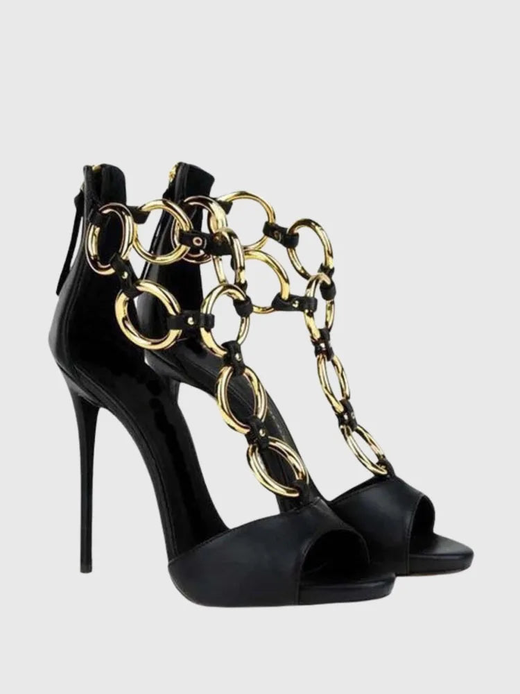 Black Leather Chain Link Peep Toe Stiletto Sandals for Women