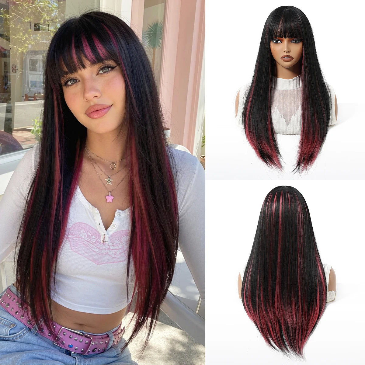 Long Straight White Synthetic Wig With Center Part for Women