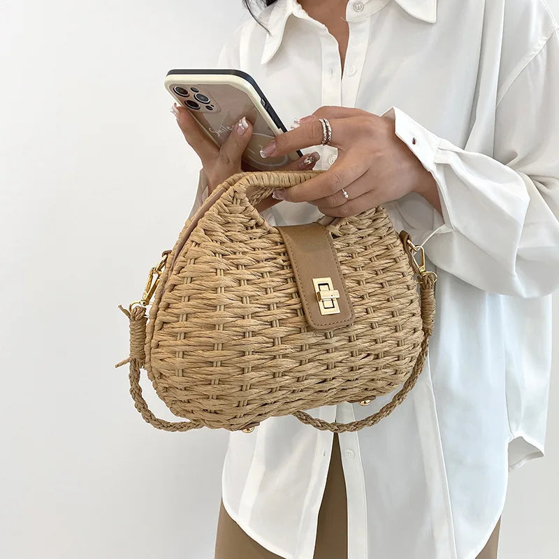 Trendy Handwoven Wicker Straw Shoulder Bag for Women
