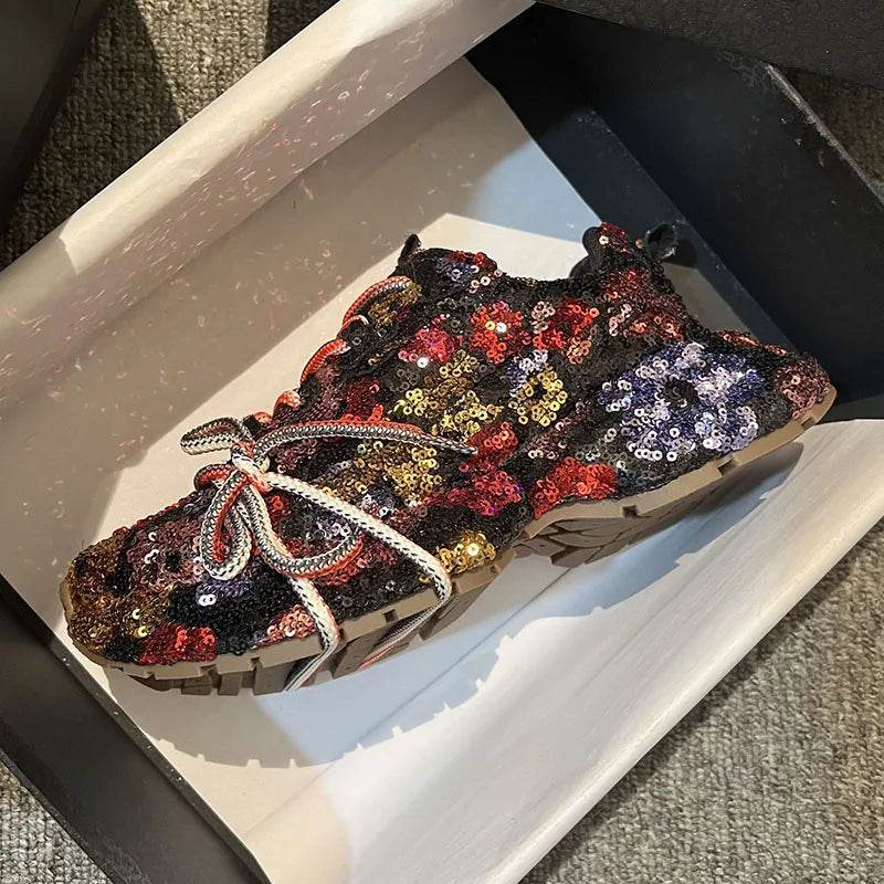 Sparkling Crystal Platform Lace Up Sneakers for Women