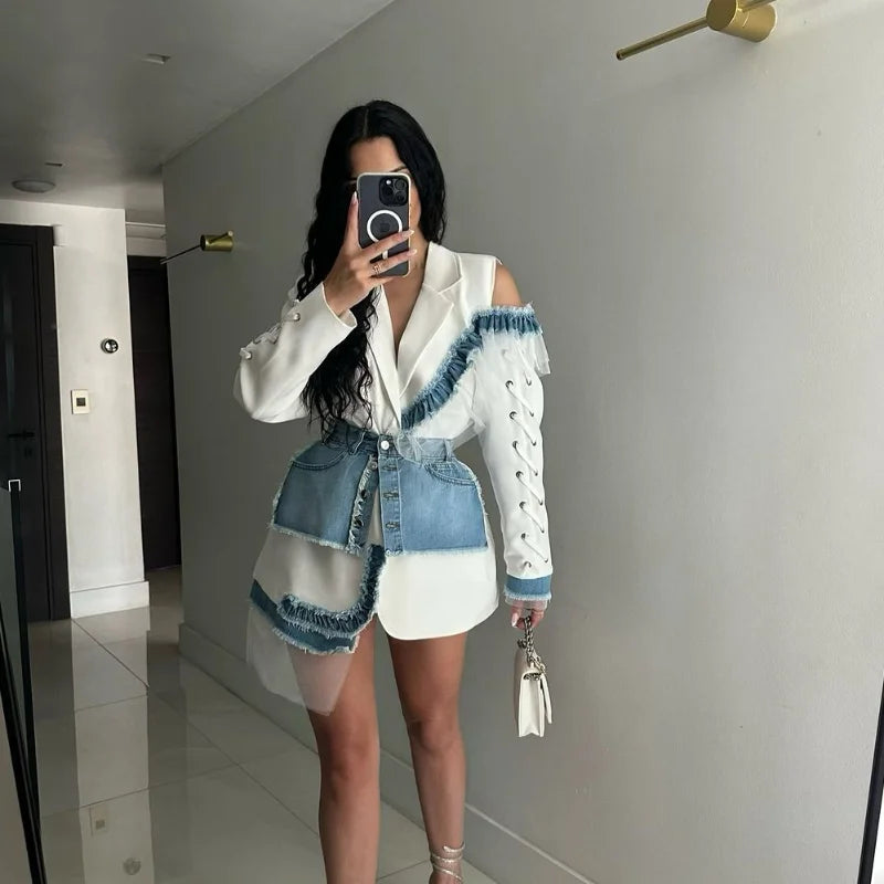 Stylish Patchwork Denim Mini Dresses Lace Deep V-neck Jacket Sexy Irregular Casual-chic Sexy Edgy Top Designers Streetwear