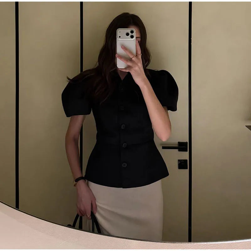 Elegant Puff Sleeve Turn-Down Collar Shirt for Women