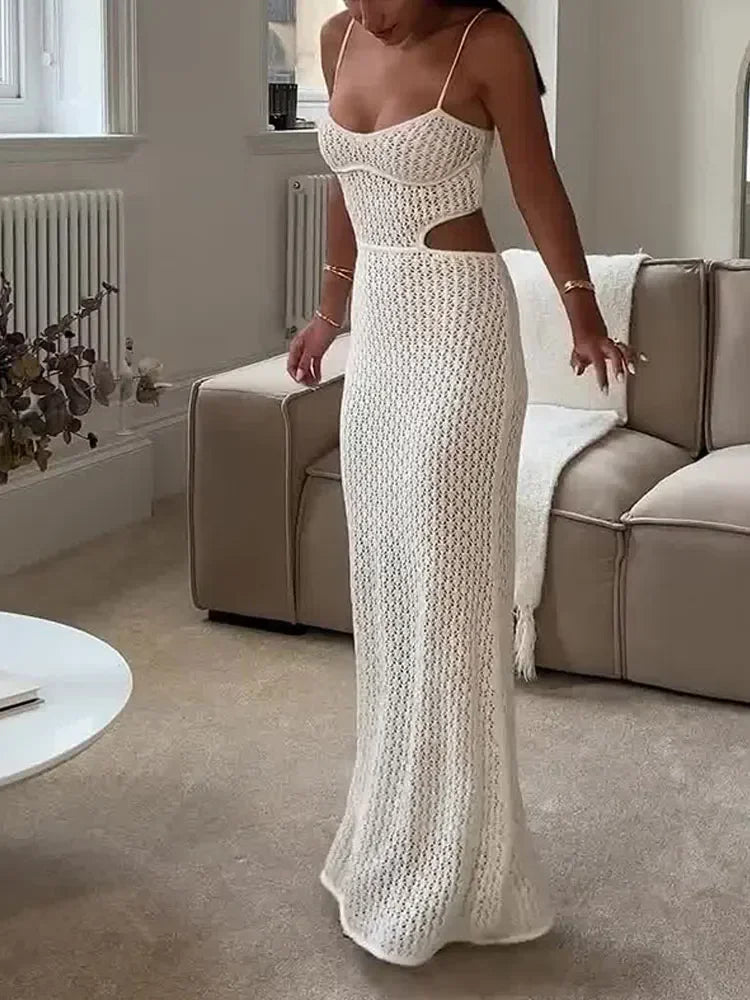 2024 Sexy See-through V Neck Cut Out Knit Beach Maxi Dress Summer Women's Holiday Elegant Outfit Swimsuit Cover Up Tunic A3094