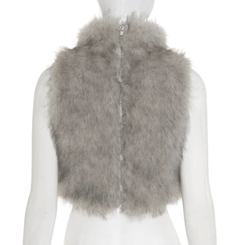 Autumn Fur Patchwork Backless Zipper Crop Top for Women