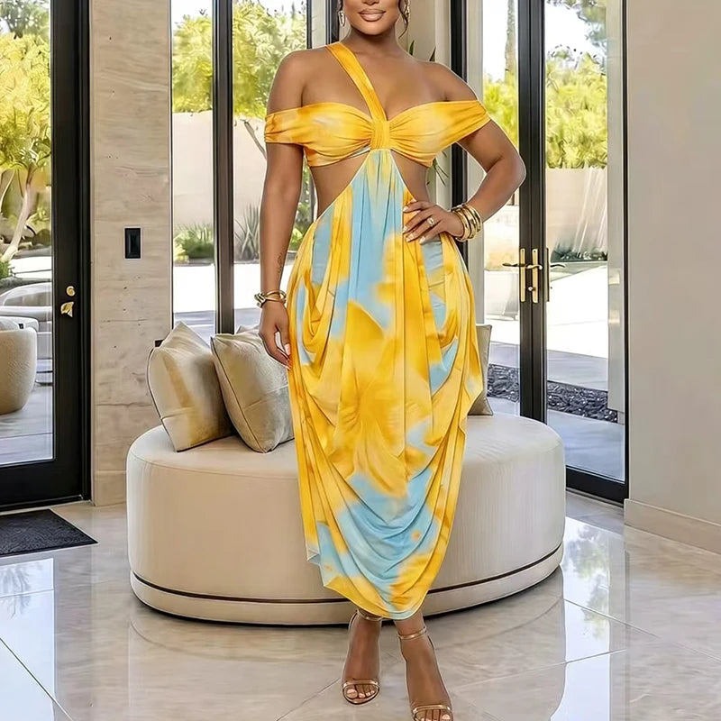 Wrap Pleated Bohemian Backless Maxi Dress for Women