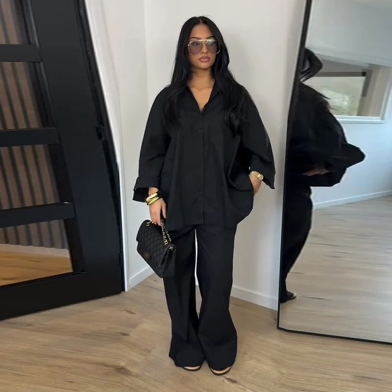 Casual Solid Shirt and Wide Leg Pants Set for Women