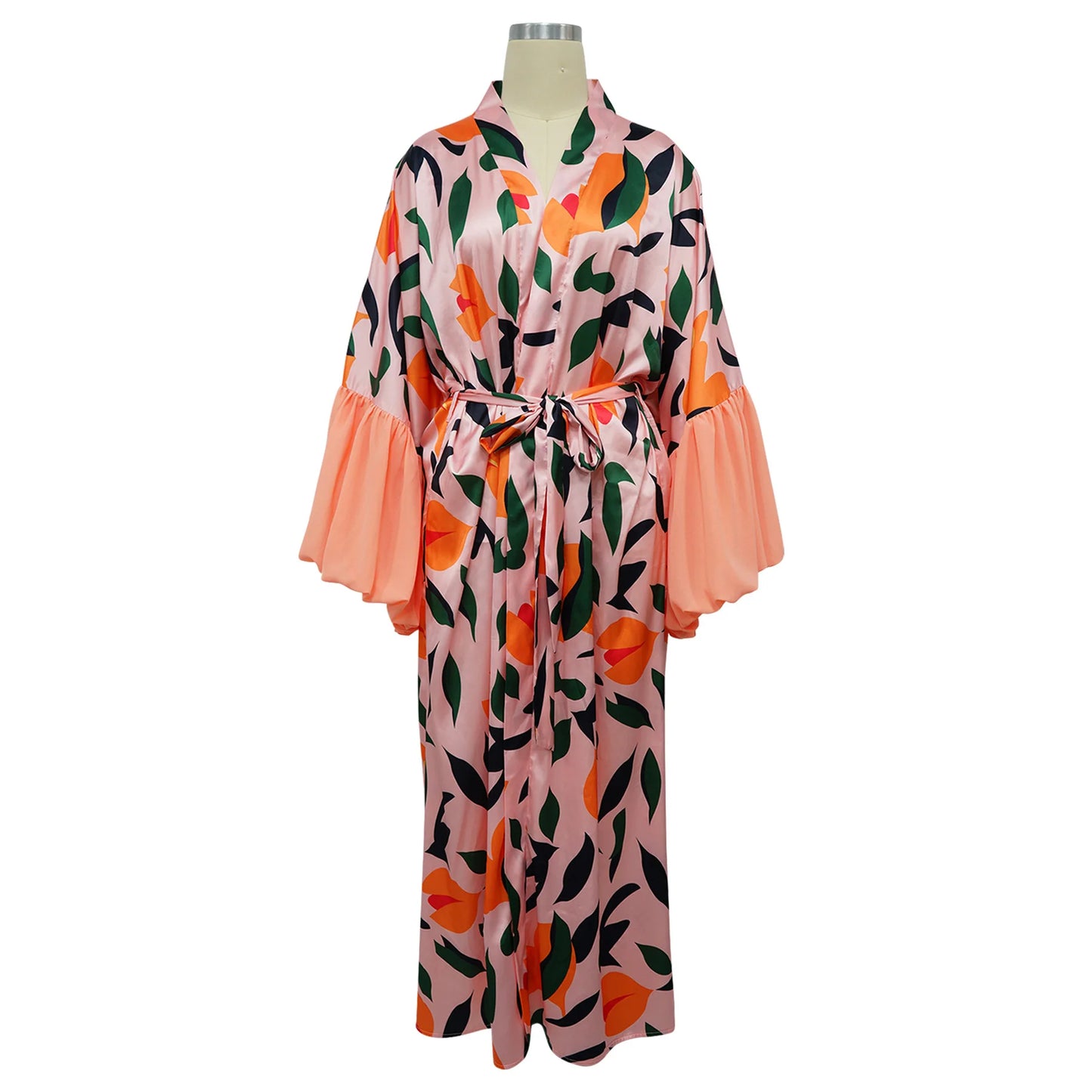 Vintage Floral Printed Chiffon Long Cardigan With Ruffle Sleeves for Women