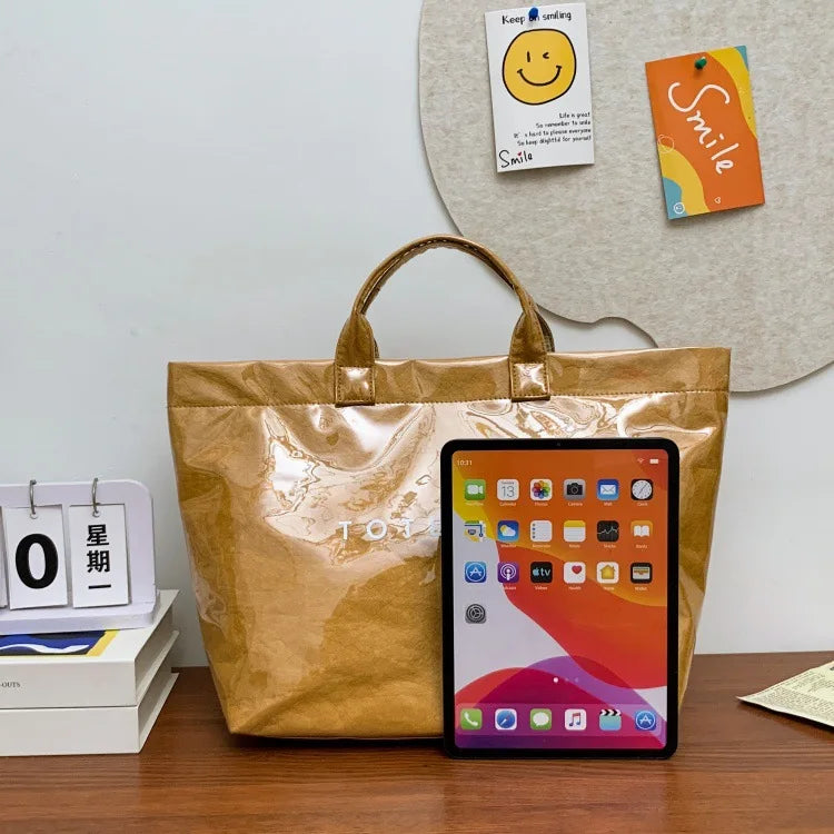 Kraft paper jelly waterproof bag, women's new retro commuting large capacity DuPont paper tote bag