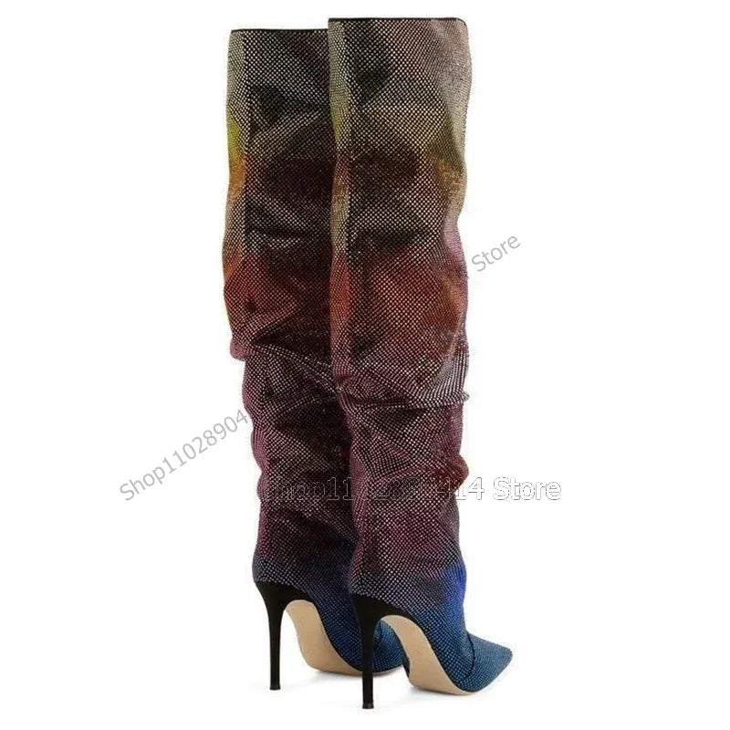 Colorful Crystal Pointed Toe Knee High Stiletto Boots for Women