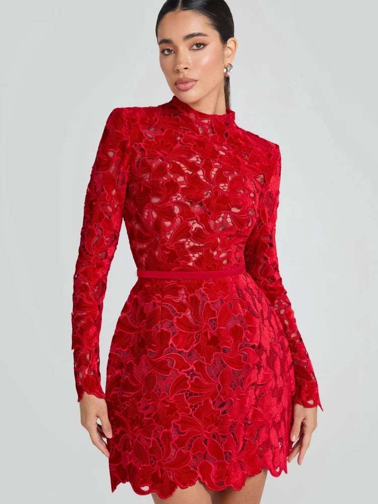 Retro Glamour Red Lace Waist-Cinched Mini Dress for Women