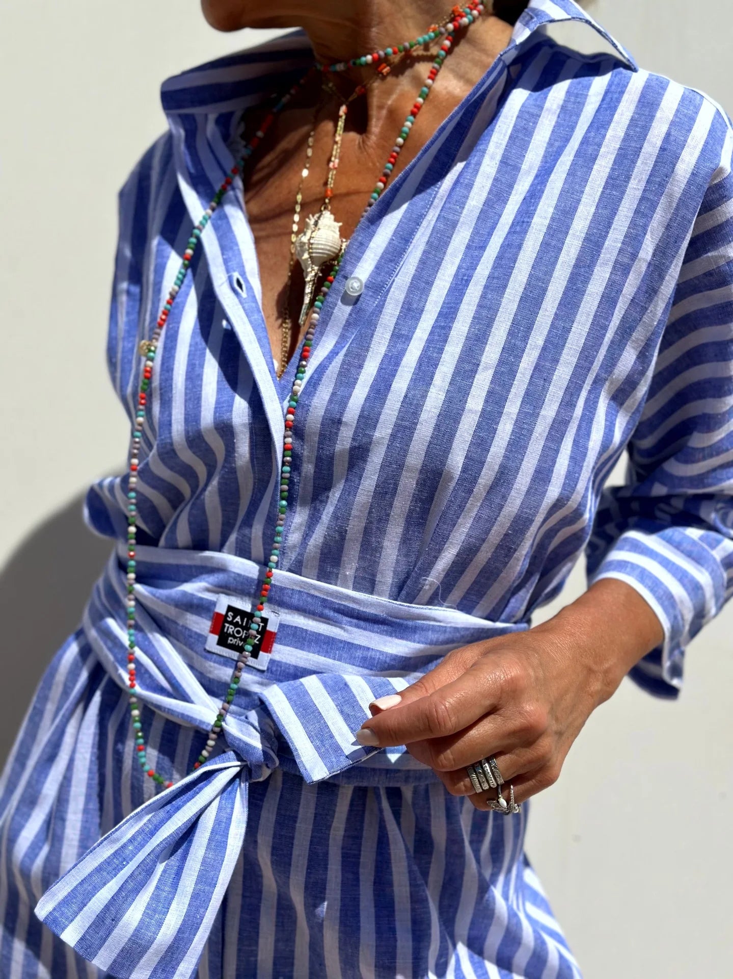 Striped Belted Ankle Length Half Sleeves Lapel Dress for Women