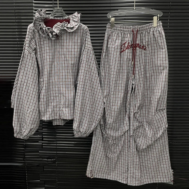 KUCLUT 2025 Autumn New Fashion Ruffle Plaid Batwing Sleeve Zipper Loose Jacket For Casual Elastic Waist Wide-Leg Pants 1A621