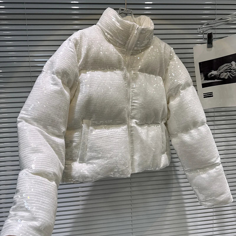 Shiny Sequin Stand Collar Padded Winter Jacket For Women