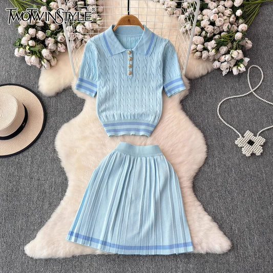 TWOTWINSTYLE Sweet Style Two Piece Set For Women Lapel Short Sleeve Tops High Waist Spliced Folds Skirt Sets Female KSE524900