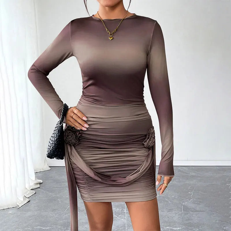 Spring Women Mini Dresses Fashion New Streetwear Tie Flowers Long Sleeves O-Neck Casual Slim Sexy Dress Club Party Lady Clothing