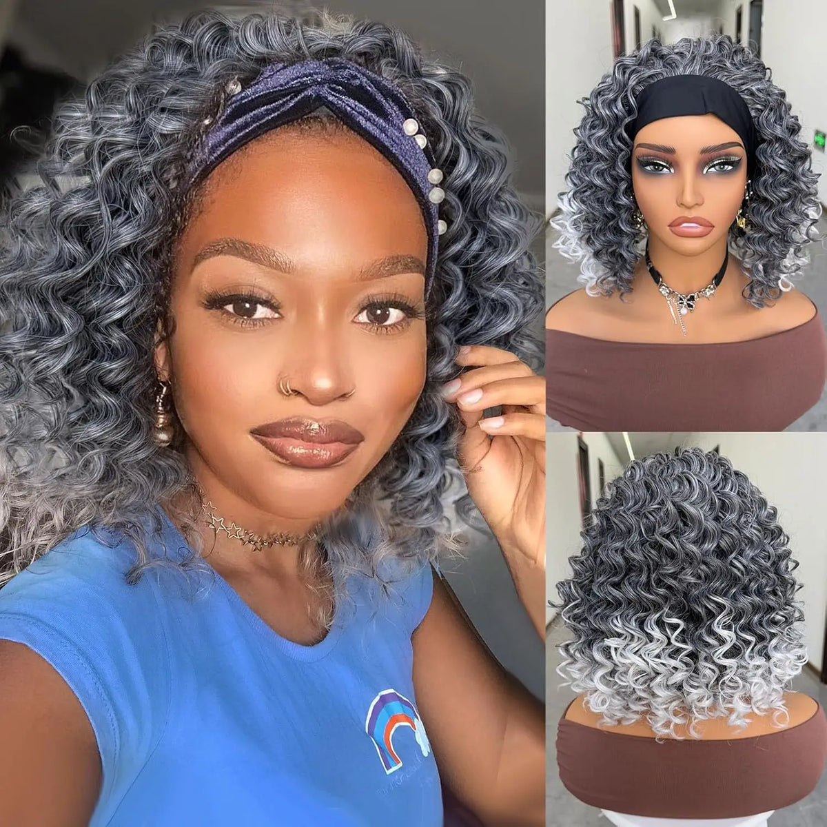 Fluffy Short Wavy Headband Wig In Gray To White Ombre for Women