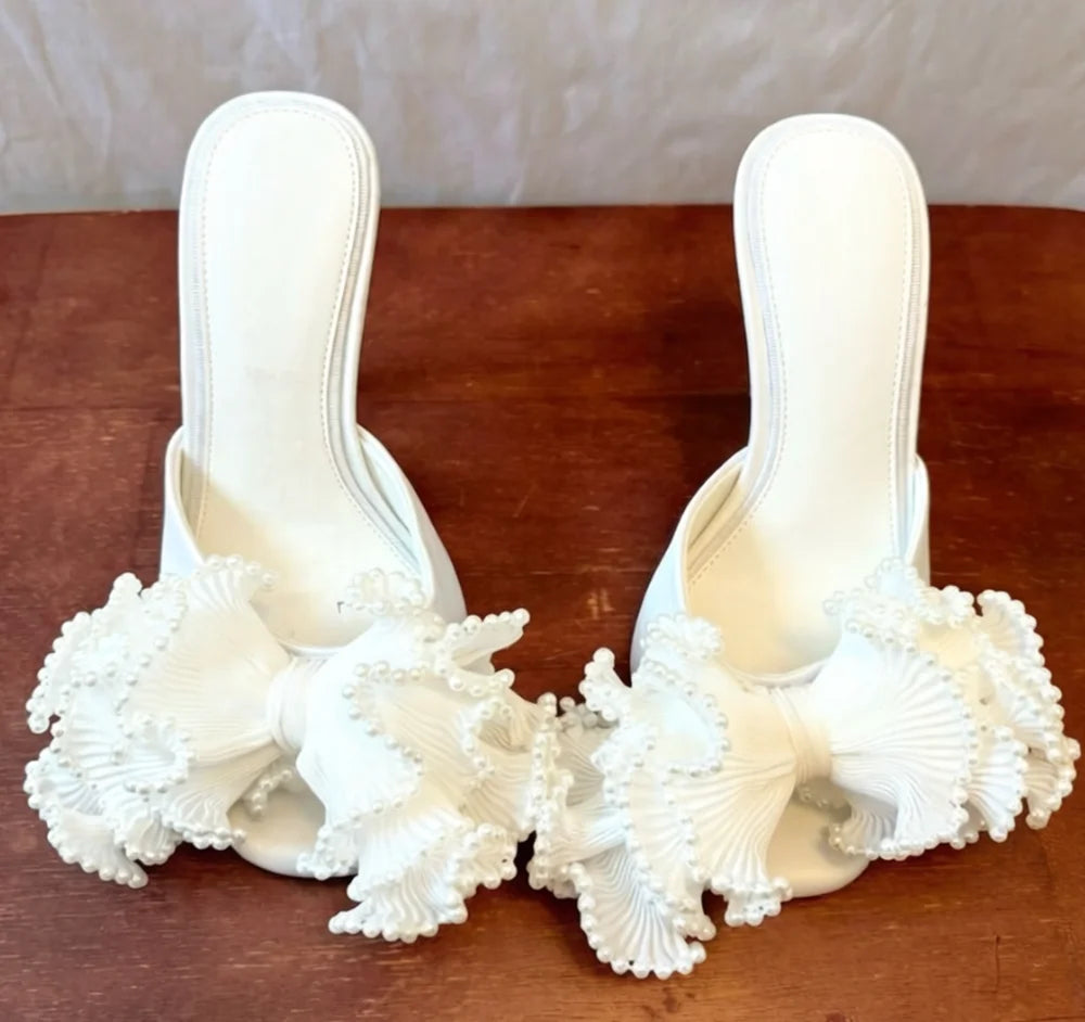 White Pearl Ruffle Bow Peep Toe Sandals