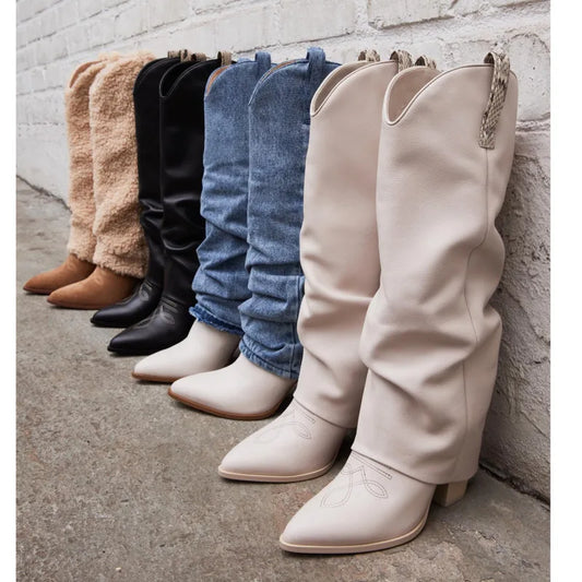 Western Slip On Knee High Boots With Square Heel for Women