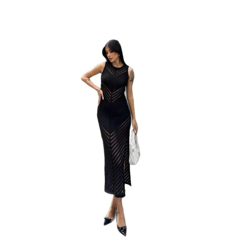 White Ankle Length Hollowed Out O Neck Sleeveless Dress for Women