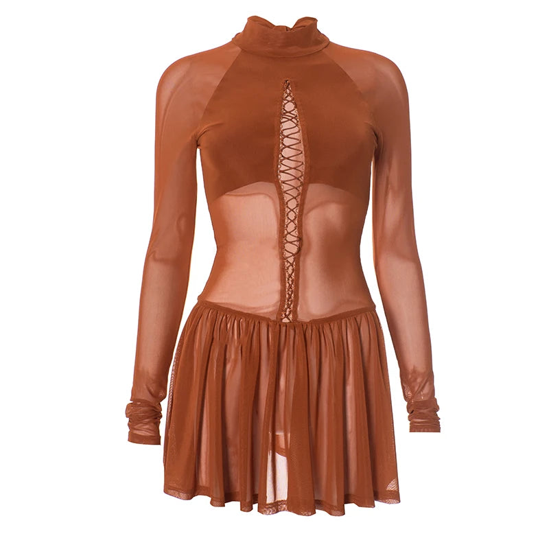 Mesh Patchwork Pleated Bodycon Mini Dress for Women