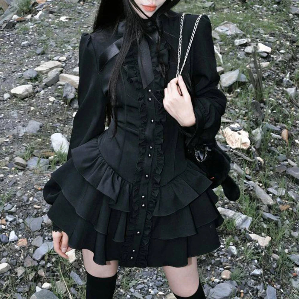 Black Gothic Long Sleeve Bow Tie Stand Collar Dress For Women