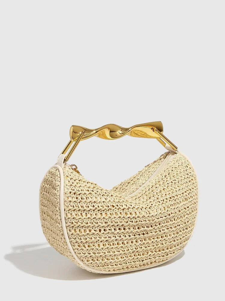 Gold Handle Brand Handwoven Handbag Casual Fashion Bow Design Purse Exquisite High-end Leather Brown Zipper Luxury Shoulder Bags