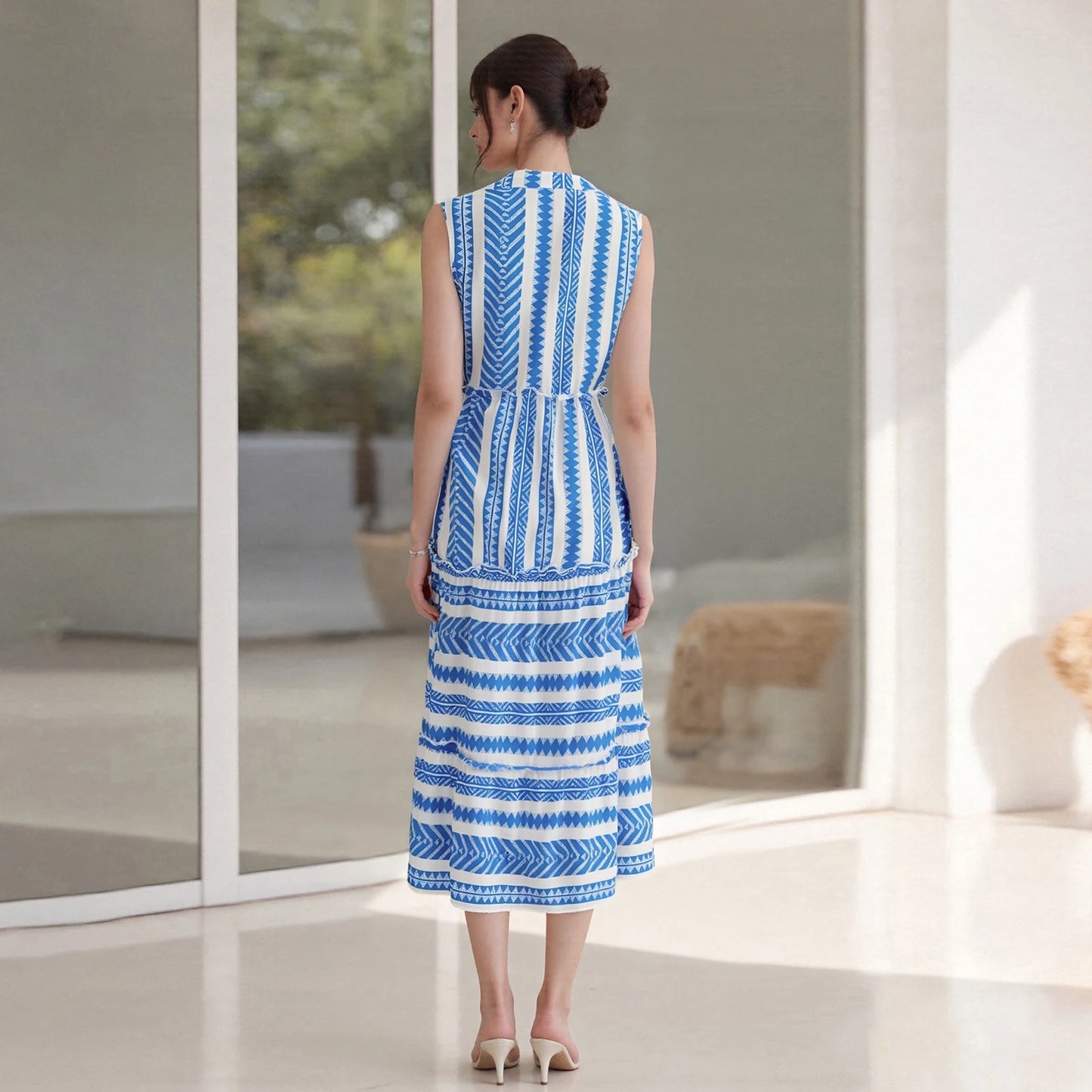 Women Summer Sleeveless Dress Casual Geometric Print Button V-Neck Party Dress for Beach Club Streetwear