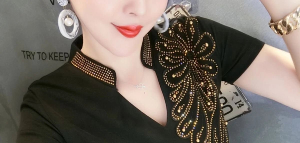 Sequin Women Tops Sleeve Polo Shirt Rhinestone Pulovers Vintage Glitter Luxury Women's Blouses Promotion Free Delivery Neck Cute