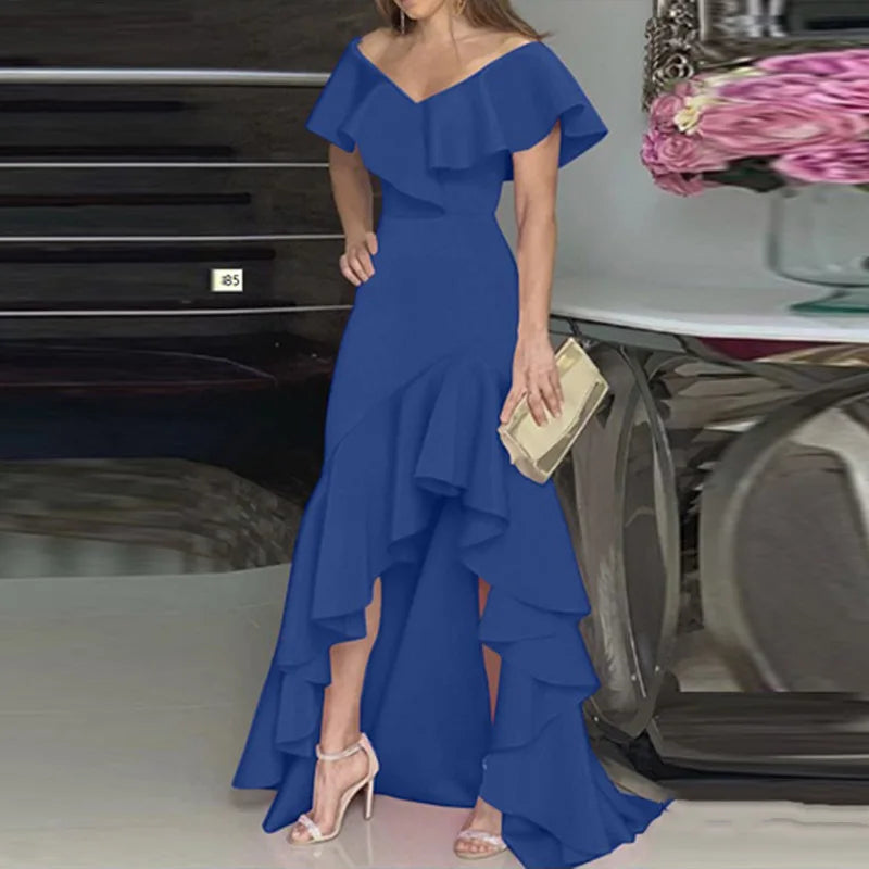 Elegant V-Neck Ruffle Hem Asymmetrical Dress European Style Women's Fashion 2026 Gown Classy Eveningwear