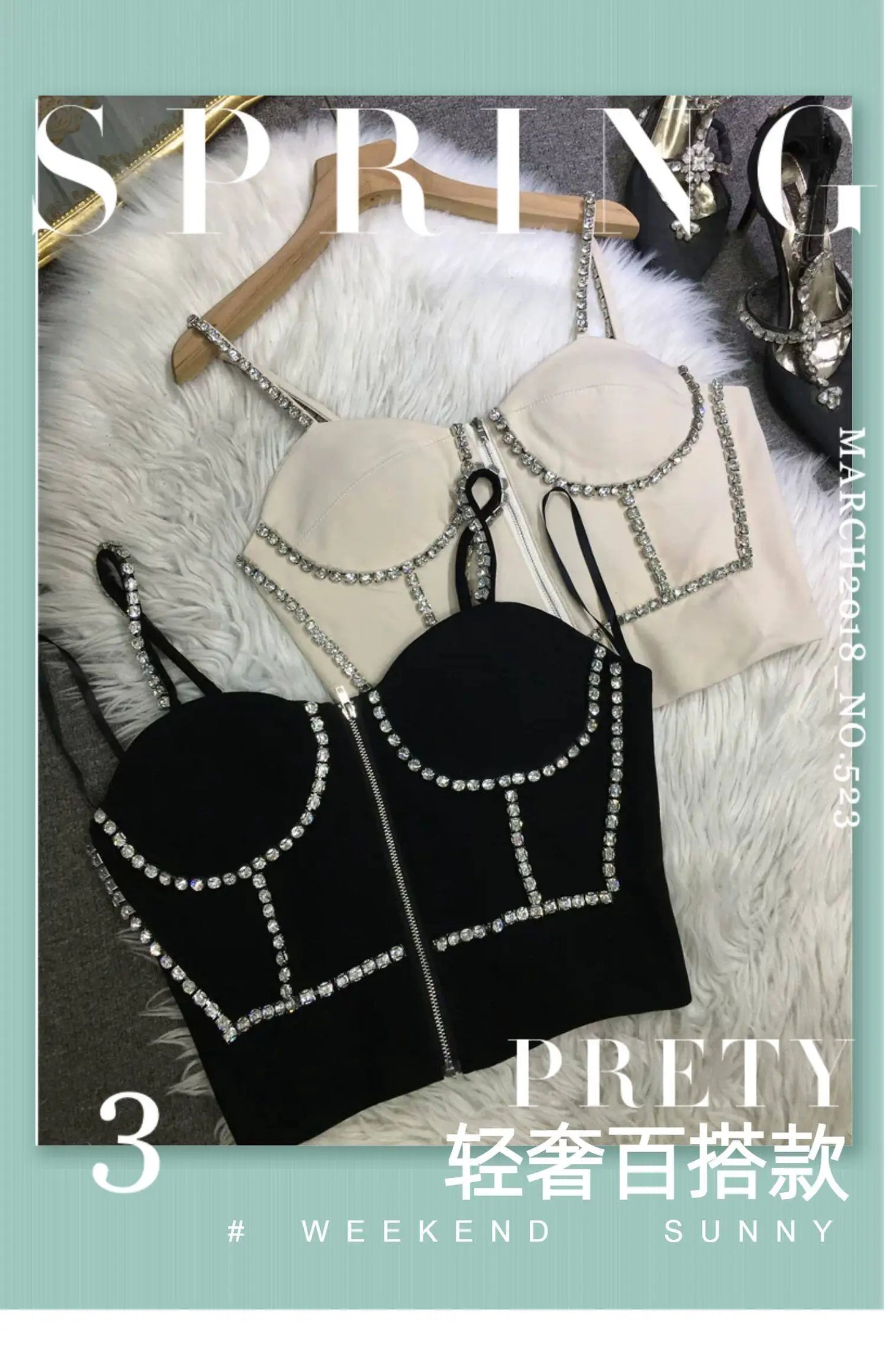 Fashion New Spring Summer Thin Shoulder Strap Camisole Hot Girl Diamonds Sexy Breast Pad Tube Top High Waist Zip Crop Tanks Tops