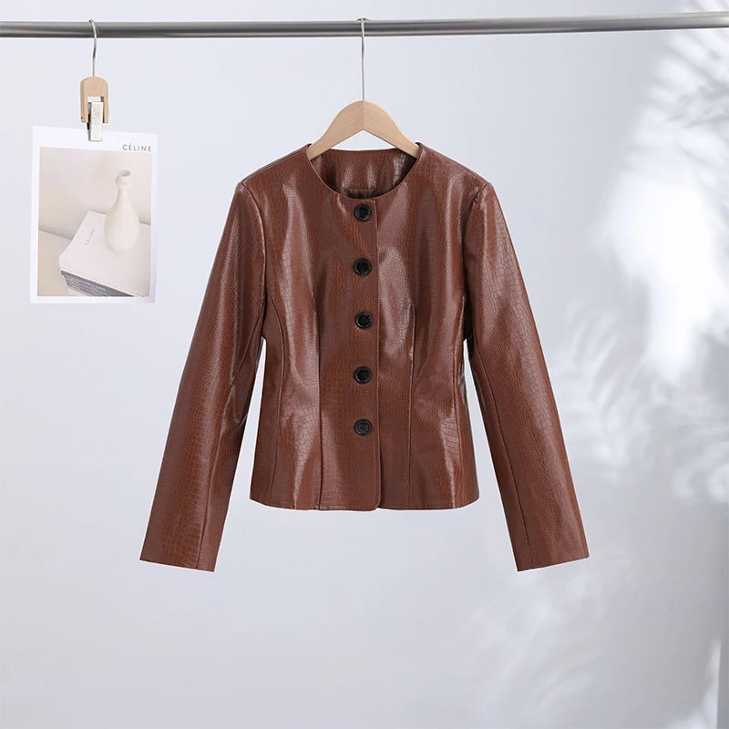 Slim Fit Single Breasted Faux Leather Jacket for Women
