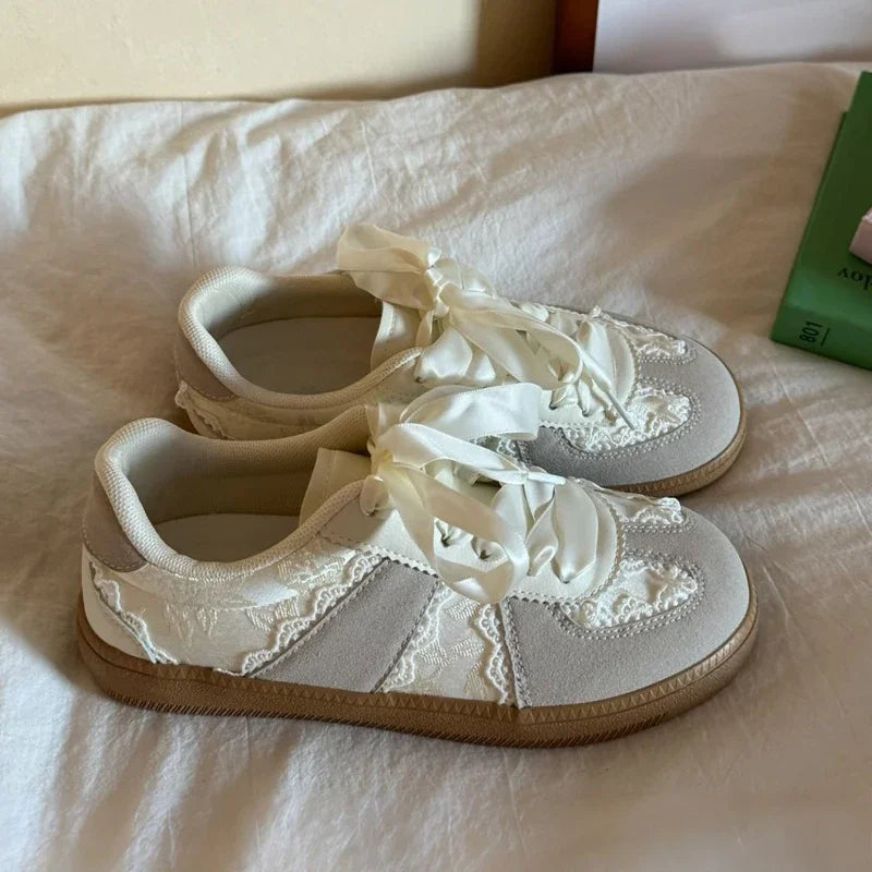 Cream French Lace Satin Ribbon Vintage Sneakers For Women