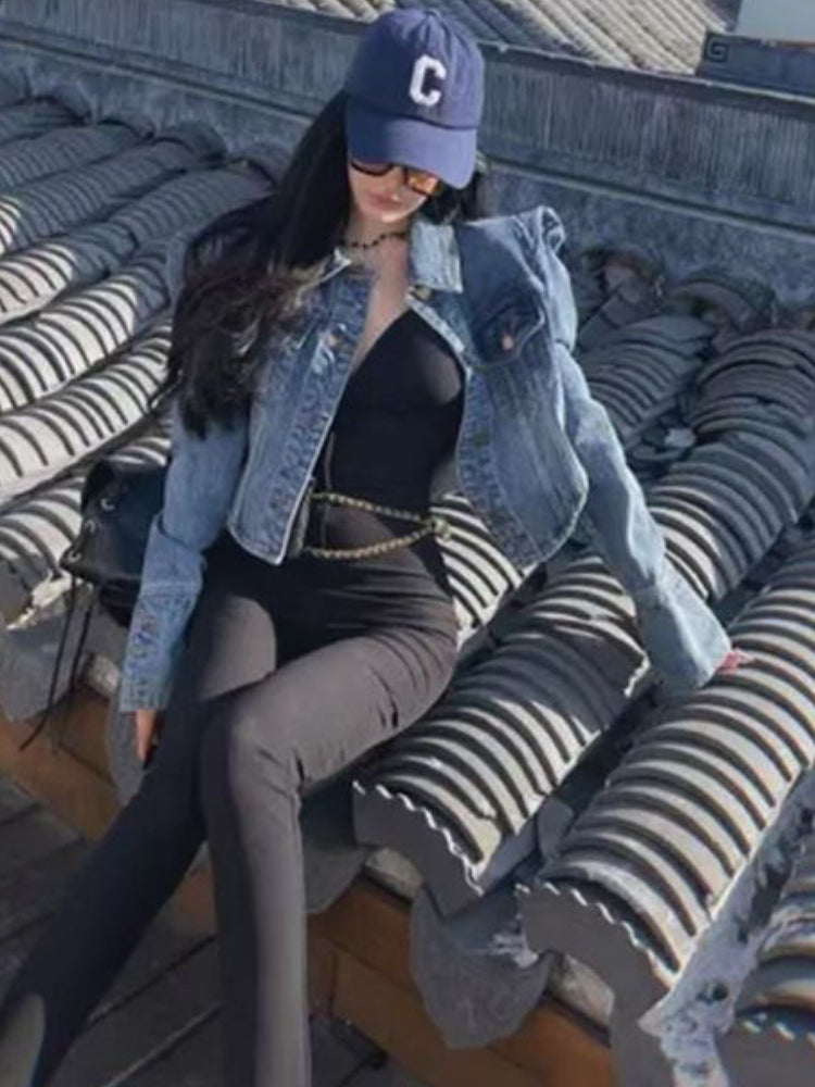 Front Zipper Vintage Denim Cropped Jacket For Women