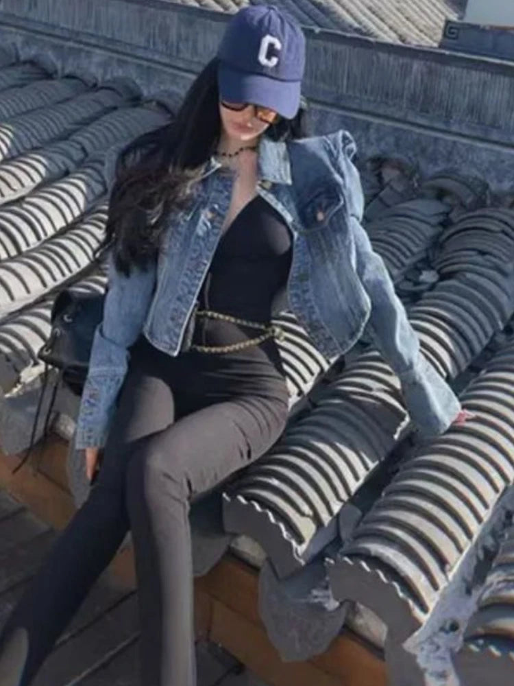 Front Zipper Vintage Denim Cropped Jacket For Women