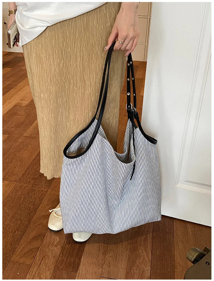 Casual Stripe Canvas Lightweight Shoulder Tote Bag for Women