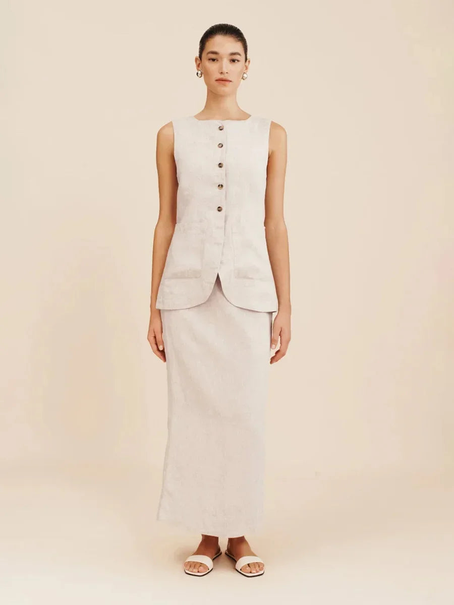 Breathable Linen High Waist Vest And Skirt Set For Women